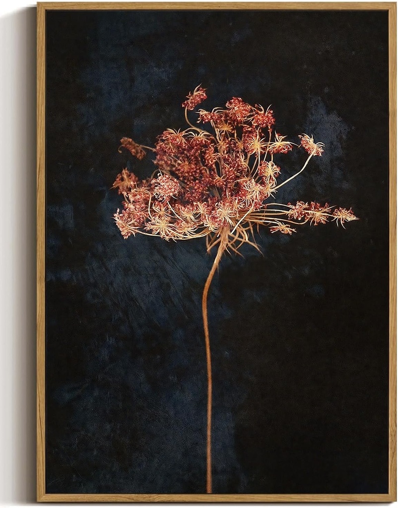 WALLZK Vintage Framed Wall Art Moody Botanical Wall Decor Dark Dried Flower Minimalist Canvas Prints Pictures Rustic Retro Artwork for Walls Living Room Bedroom Bathroom 8"x10"