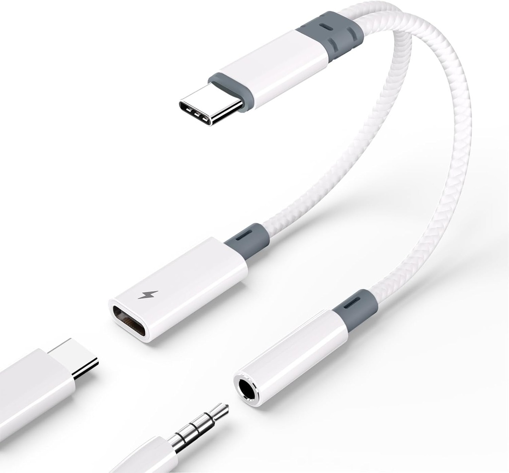 USB C to 3.5mm Headphone and Charger Adapter,2-in-1 USB C to Aux Audio Adapter with PD 60W Fast Charging Compatible with Apple iPhone 16/15Plus/15Pro/15Pro Max,Samsung S23/S22/S21,iPad,Pixel 7/6