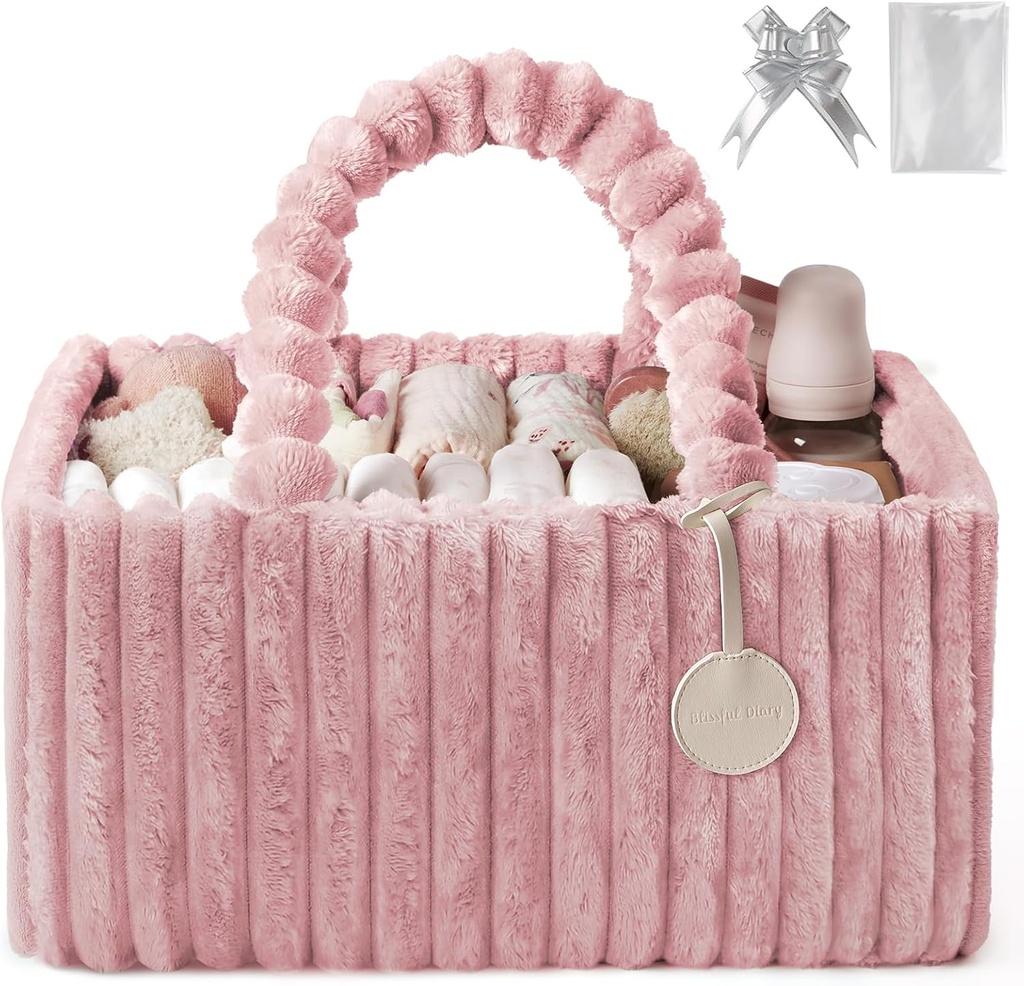 Blissful Diary Flannel Diaper Caddy Organizer, included Gift Packaging, Cozy Nursery Storage Basket, Gift for Baby Shower, Newborn Essentials, Blush Pink