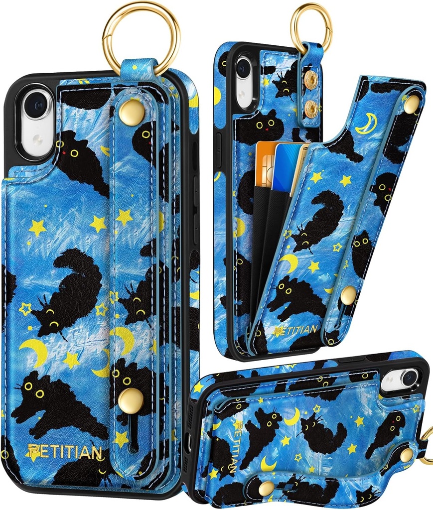 Petitian for iPhone XR Case with Wallet - Women Girls Cute Girly Aesthetic Unique Design Leather Credit Card Holder Cardholder Stand Wristband for iPhone XR, Blue Cat