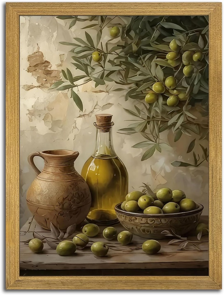 Wood Framed Olive Kitchen Wall Art, Vintage Rustic Still Life Canvas Print, Green Olives Poster Print Picture, Fruit Wall Decor Painting for Dining Room Cafe Restaurant Farmhouse Home Decor 8x10 inch