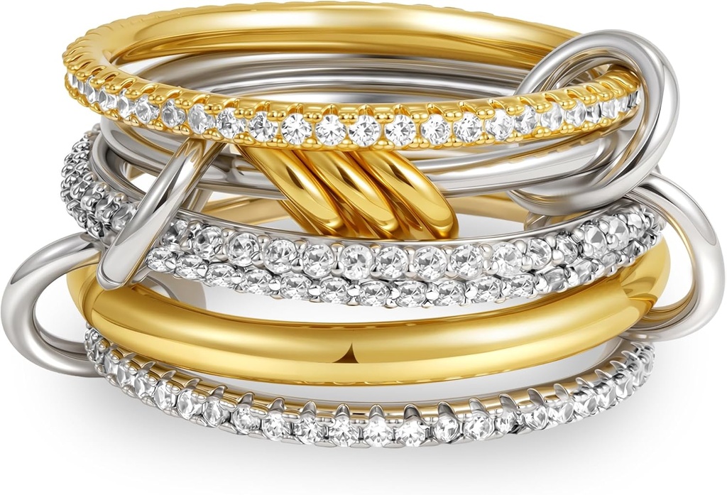 Dechooly Gold Stackable Rings for Women, 18K Gold Plated Cubic Zirconia Rings Spinelli Silver Gold Multi Ring Mixed Metals Stackable Ring Set for Women Non Tarnish