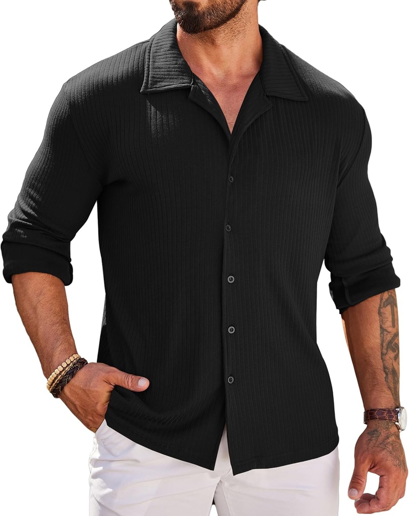 COOFANDY Men Long Sleeve Button Down Shirts Muscle Fit Dress Shirts Slim Fit Knit Shirts Camp Collar Shirts