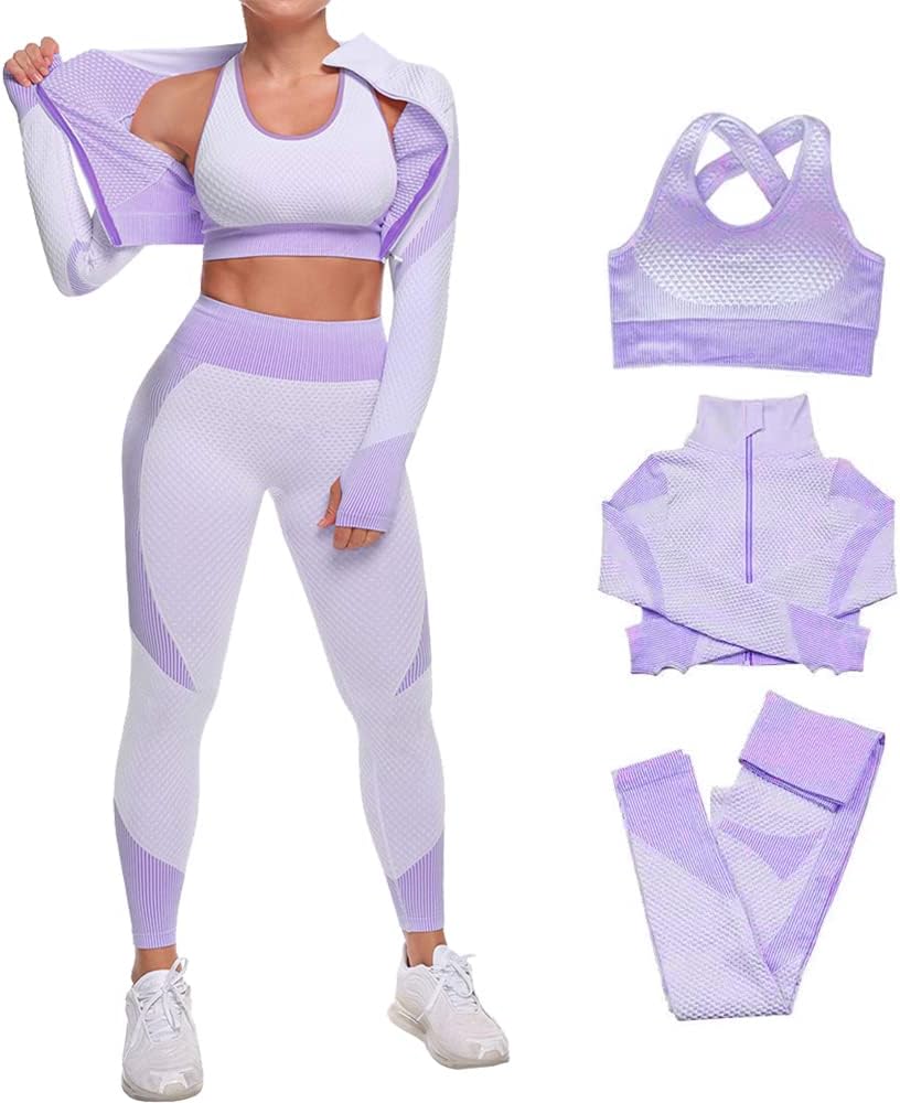 Women's 3pcs Seamless Outfits Workout Sets,Gym Clothes Yoga Sportswear Leggings and Stretch Sports Bra Gym Set