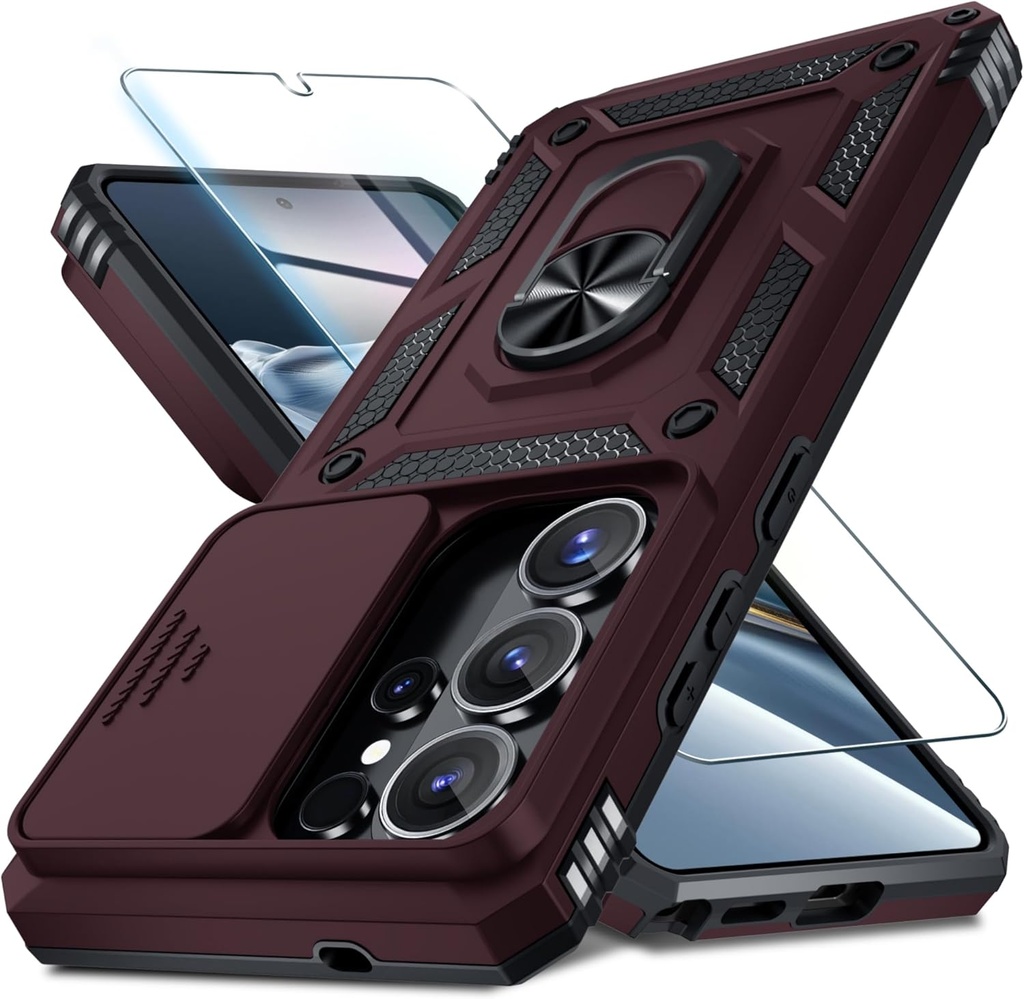 Janmitta Compatible with Samsung Galaxy S26 Ultra Case Built in Slide Camera Lens Cover+Screen Protector+Finger Ring Holder Kickstand,Heavy Duty Shockproof Full Body Phone Cover,2026 Wine Red