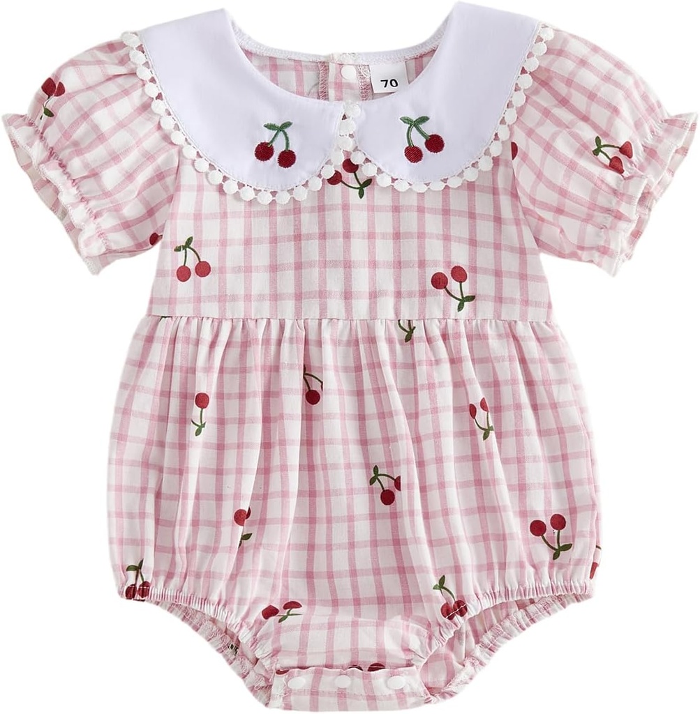 Baby Girls Summer Romper Short Sleeve Doll Collar Plaid Cherry Print Outfit 3 6 12 18 Months Infant Baby Clothes
