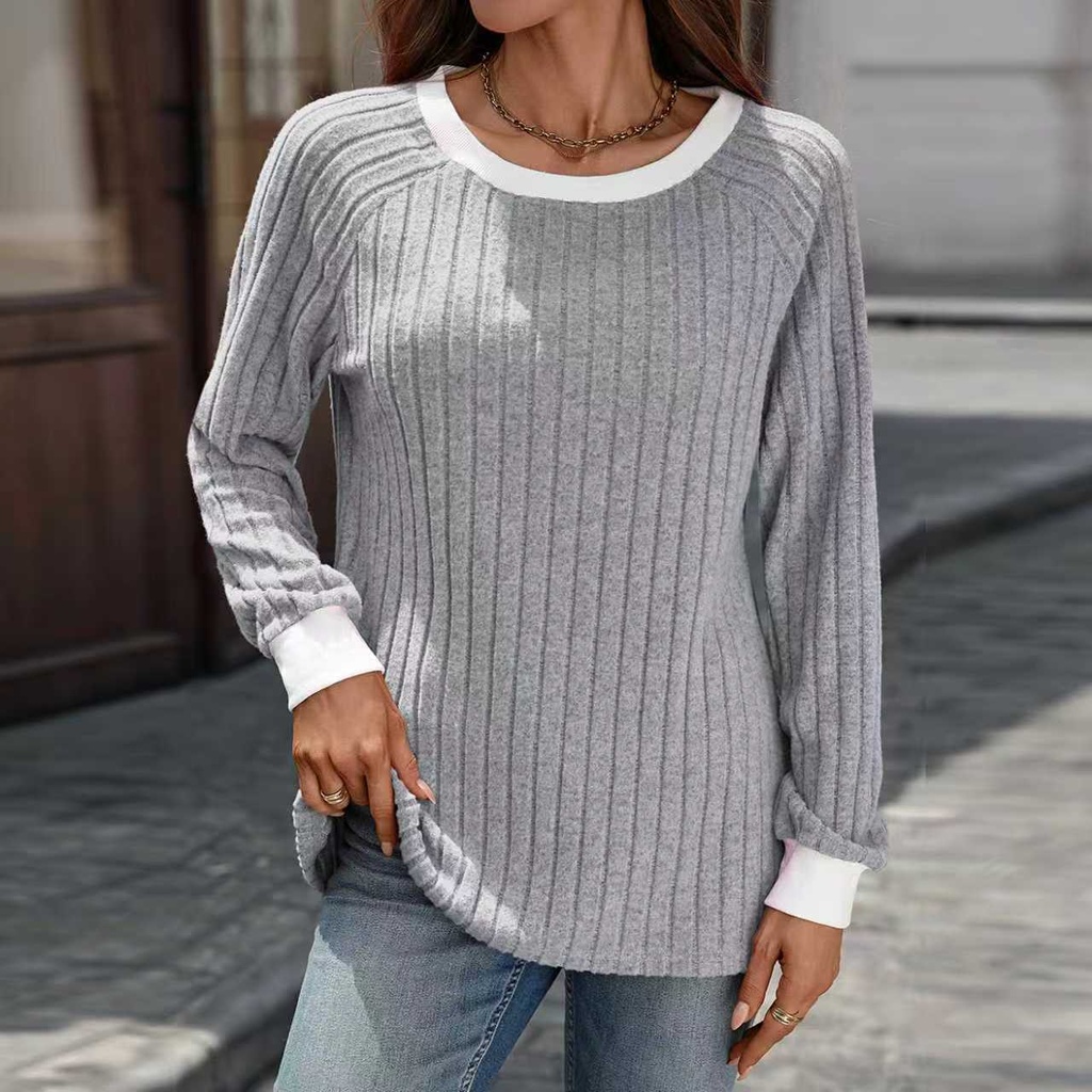 European And American Autumn And Winter Round Neck Contrast Color Long Sleeves Sunken Stripe T-shirt
