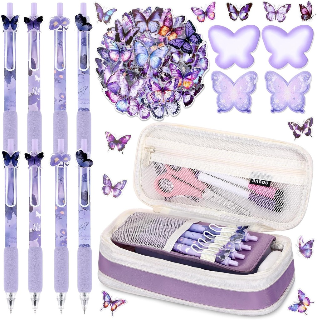 63 Pcs Purple Butterfly Stationery Set Including Butterfly Ballpoint Pens Retractable Purple Pencil Case Self Sticky Notes Decorative Stickers Cute School Supplies Kawaii Office Supplies for Girls