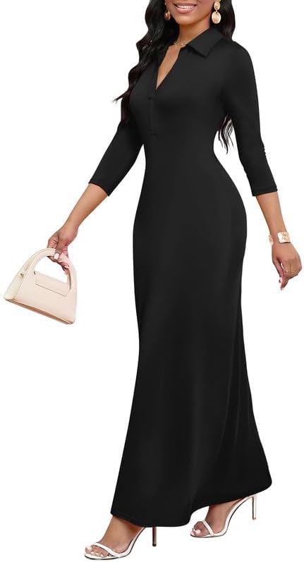 MarryUP Maxi Dress for Women Casual V Neck 3/4 Sleeve Bodycon Long Party Holiday Dresses Semi Formal Outfits