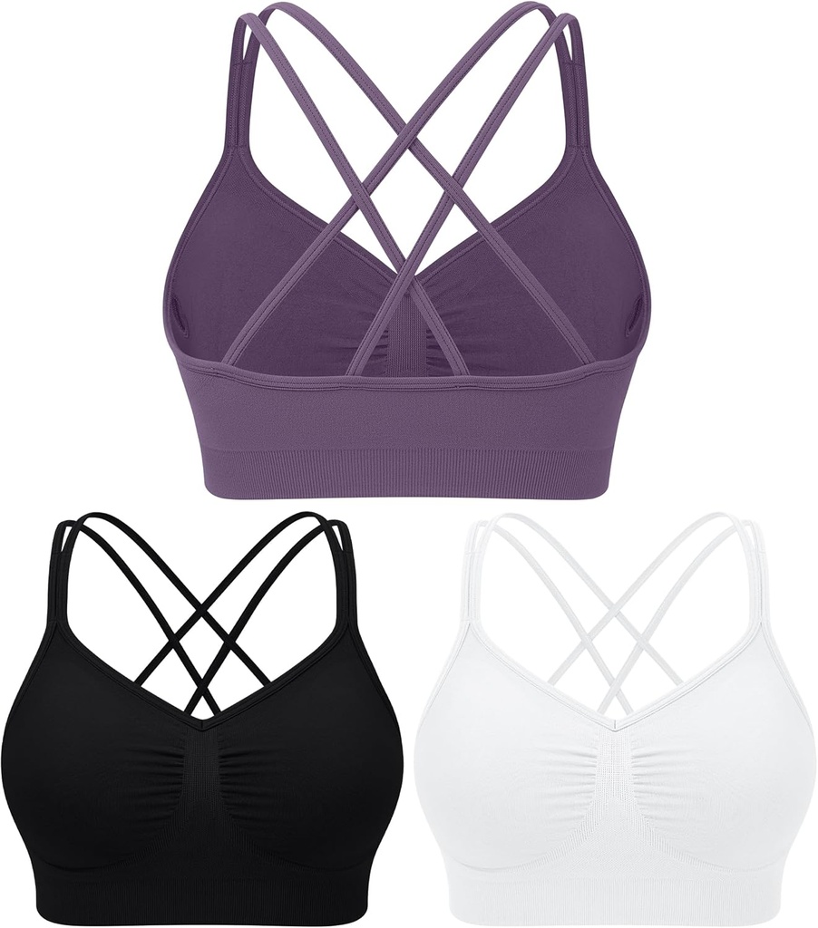 WANAYOU Sports Bras for Women, Strappy Cross Back Sports Bra Padded Medium Support Workout Bras for Athletic Yoga Gym 3 Pack