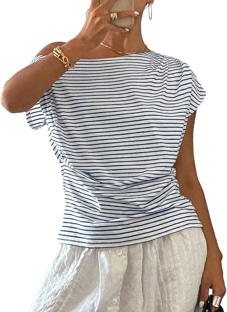 Acelitt Women's Striped Off Shoulder T Shirt Casual Short Sleeve Boat Neck Ruched Summer Tops Loose Fit Asymmetrical Blouse