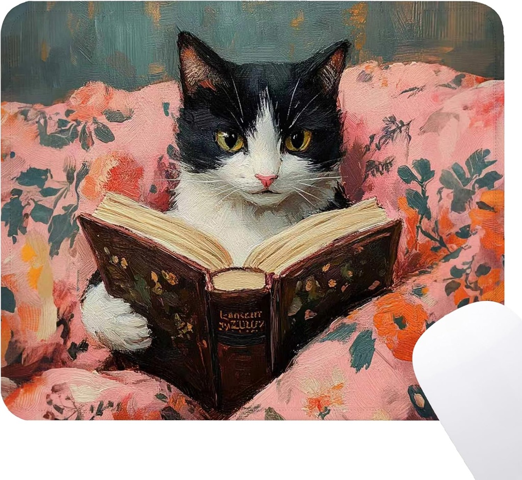 Cow Cat Mouse Pad - Librarian Bookish Book Lovers Gifts, Cat Office Desk Decor Accessories, Waterproof Non-Slip Rubber Base Girly Mousepad for Wireless Mouse 7.9x9.5 Inch