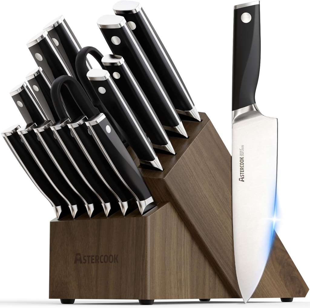 Astercook Knife Set, Kitchen Knives Set with Block and Sharpener Full Tang 17 Pcs German Stainless Steel Knives Sharp Blade Dishwasher Safe Premium Knife Set with Anti-slip Ergonomic Handle, Black