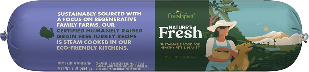 FreshPet Fresh Dog Food, Fresh Certified Humanely Raised Grain Free Turkey Recipe Dog Food Roll, 1lb