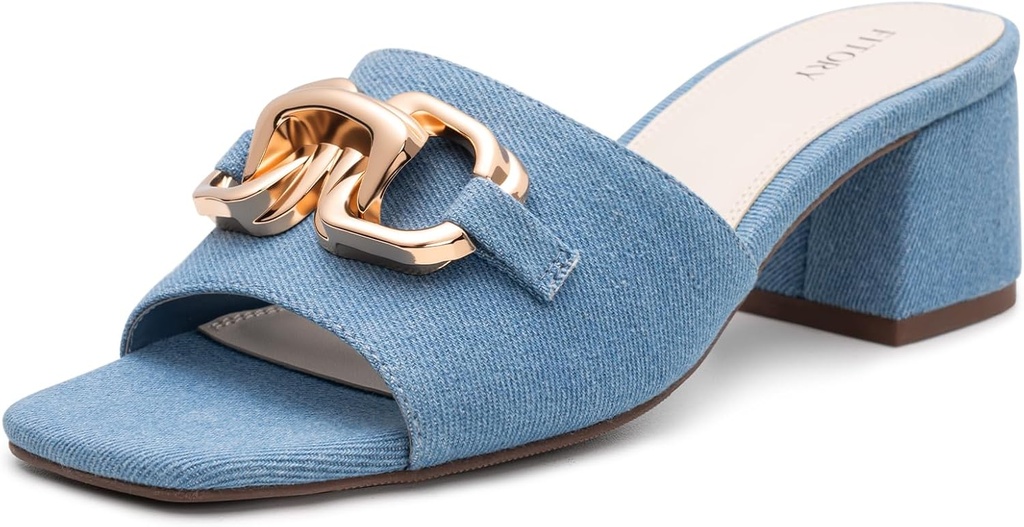 FITORY Womens Low Heel Sandals, Chunky Block Square Open Toe Slides 2026, Metal Chain Slip on Dressy Shoes for Party, Wedding and Daily Wear Size 6-11
