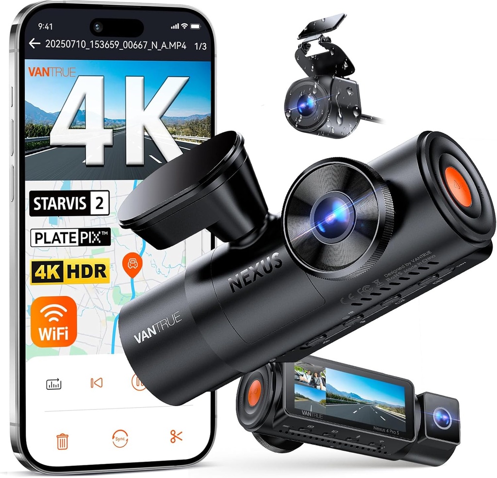 Vantrue N4 Pro S 4K 3 Channel Dash Cam w/Triple STARVIS 2, 4K+1080P+2.5K Front Inside Rear Dash Camera, 4+2.5K Dual Channel, HDR IR Night Vision, Voice Control, Parking Mode, GPS, Wi-Fi, Support 1TB