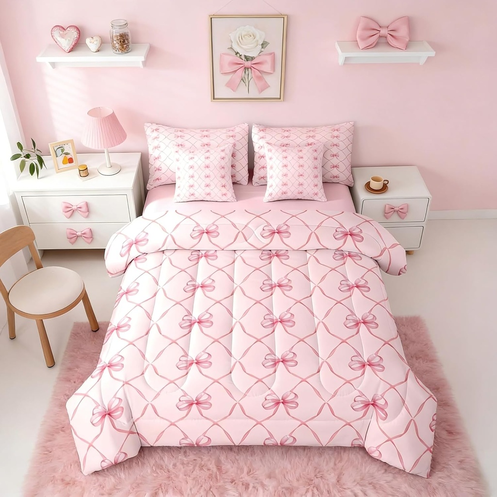 Erosebridal Pink Bow 7 Pcs Bedding Set Full Girly Bowknot Comforter Set with Sheets Ribbon Bow Tie Butterfly Knot Bed in A Bag Coquette Aesthetic Bed Sets Cartoon Geometric Princess Comforter