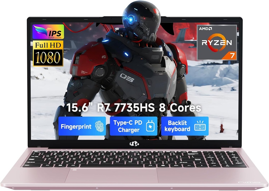 NIMO Gaming Laptop, 15.6" FHD Display, AMD Ryzen 7 7735HS (8C/16T, Up to 4.75GHz) Computer, 32GB DDR5 1TB NVMe SSD, Radeon 680M Graphics, Backlit Keyboard, Fingerprint Unlock, PD 100W Type-C