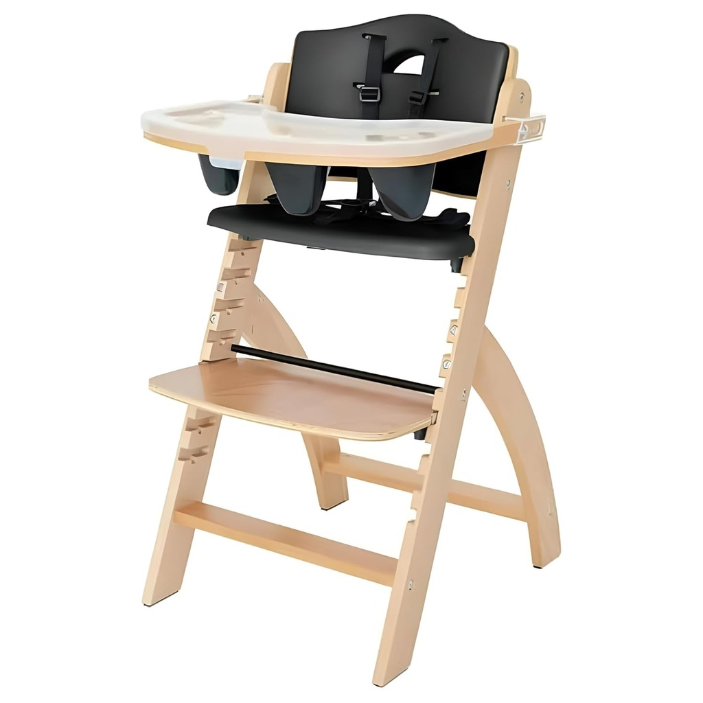 Abiie Beyond Junior Wooden High Chair with Tray - Adjustable and Convertible High Chair for Babies and Toddlers - 6 Months to 250 Lb - Water Resistant - Natural Wood/Black Pearl Cushion