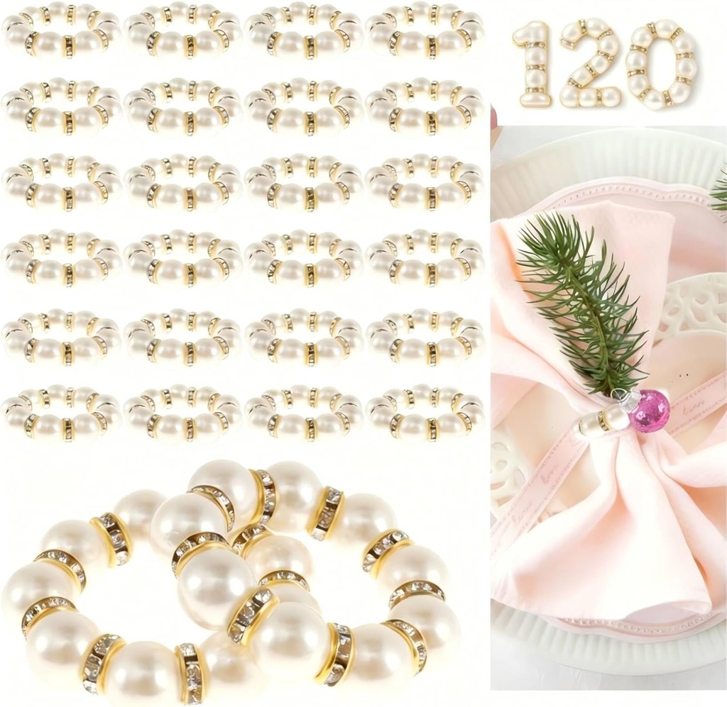 120 Pcs Gold Napkin Rings, Imitation Pearl Napkin Ring Set, Disposable White & Gold Beaded Napkins Rings for Wedding Party Home Reunion Table Decorations