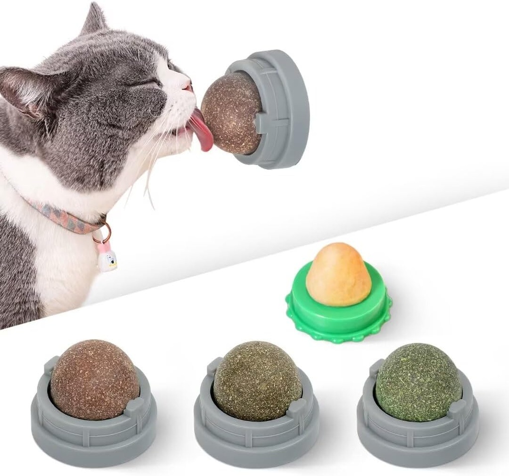 Potaroma Catnip Silvervine Balls 4 Pcs Extra Cat Energy Ball, Edible Kitten Lick, Teeth Cleaning Dental Chew Wall Treats for All Breeds (Grey)