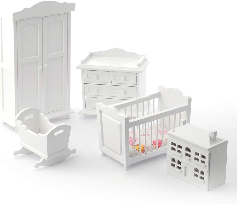 Dolls House White Wood Nursery Furniture Set Miniature 5 Piece Baby Room