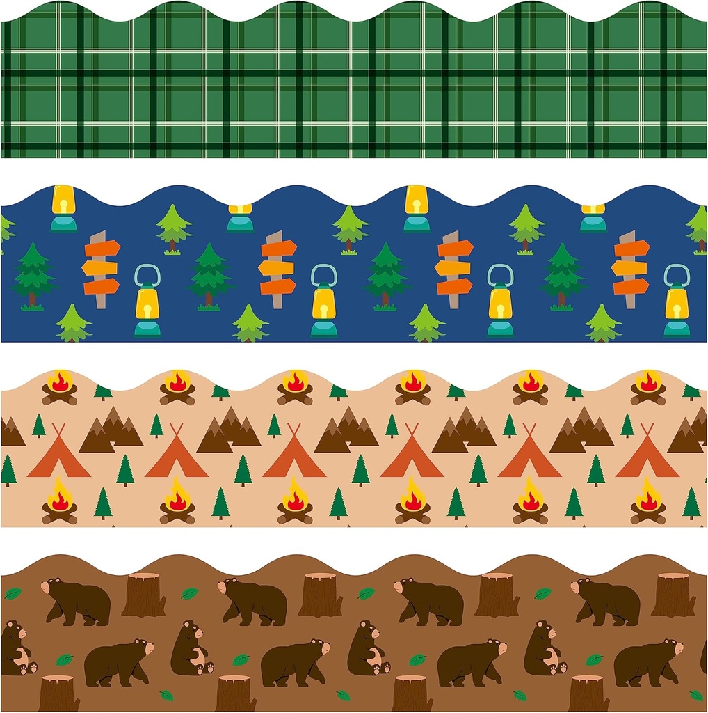 BeYumi 80Pcs Camping Hiking Bulletin Board Borders Back to Shcool Camping Tent Light Green Plaid Scalloped Borders Trim Outdoor Themed Classroom Chalkboard White Board Decor for Elementary Preschool