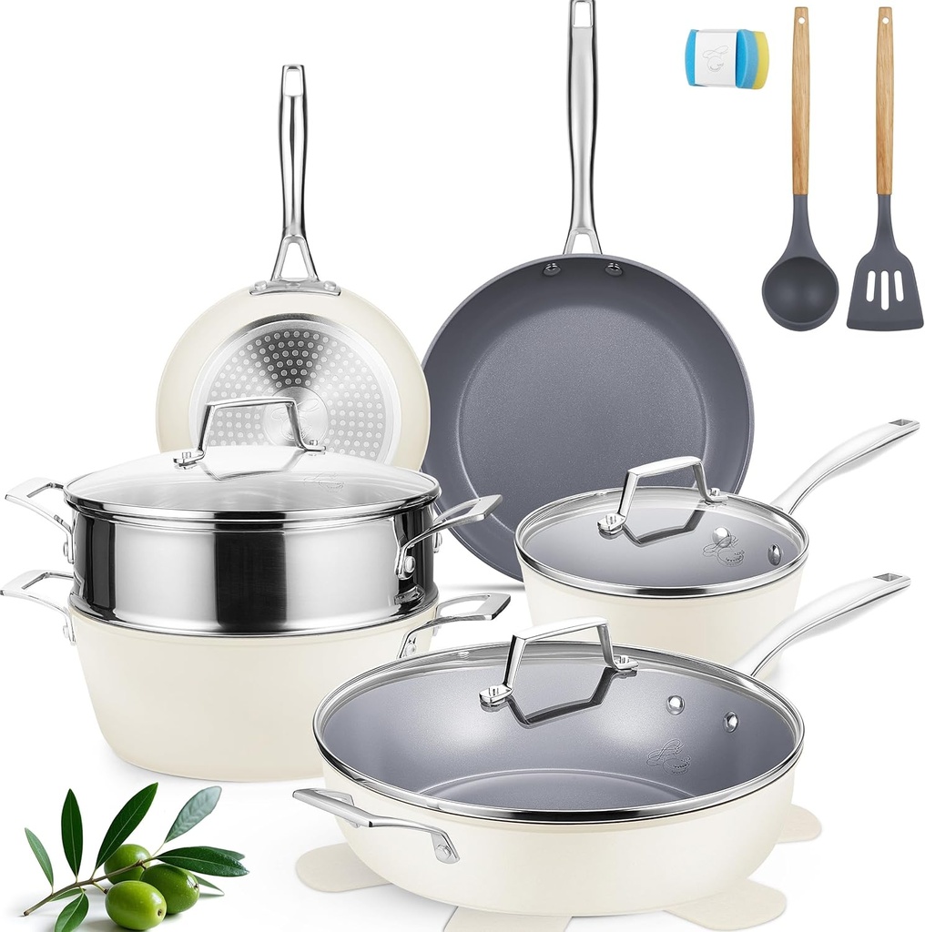PekGema 16 Pcs Ceramic Cookware Sets, Pots and Pans Set Nonstick, Non Toxic Healthy Non stick Kitchen Cooking Set, Induction Cookware with Frying Pan Set, PFAS PTFE PFOA FREE, Beige