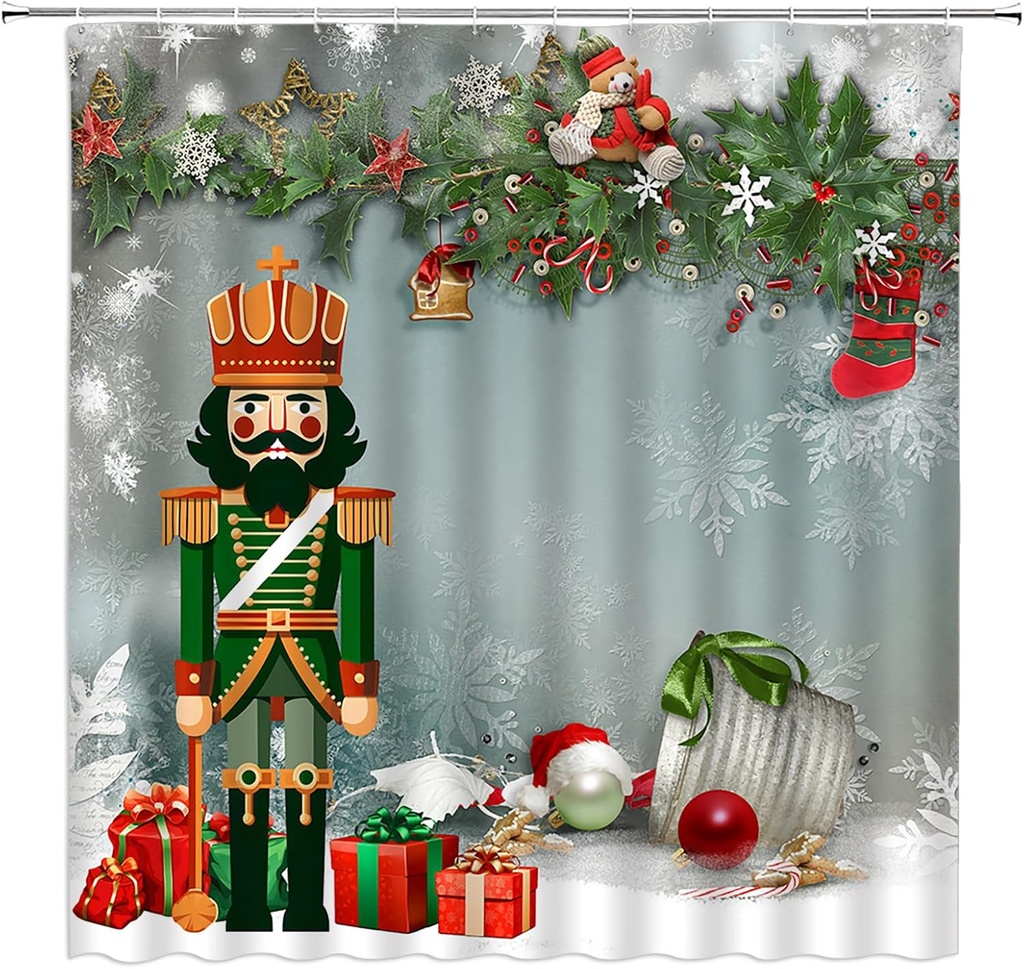 GCTNBJL Christmas Shower Curtain Nutcracker Snowflake Twigs Ball Star Xmas Festival Winter Holiday Teens Green Red White Bathroom Home Curtain with Hooks,70" Wx70 H