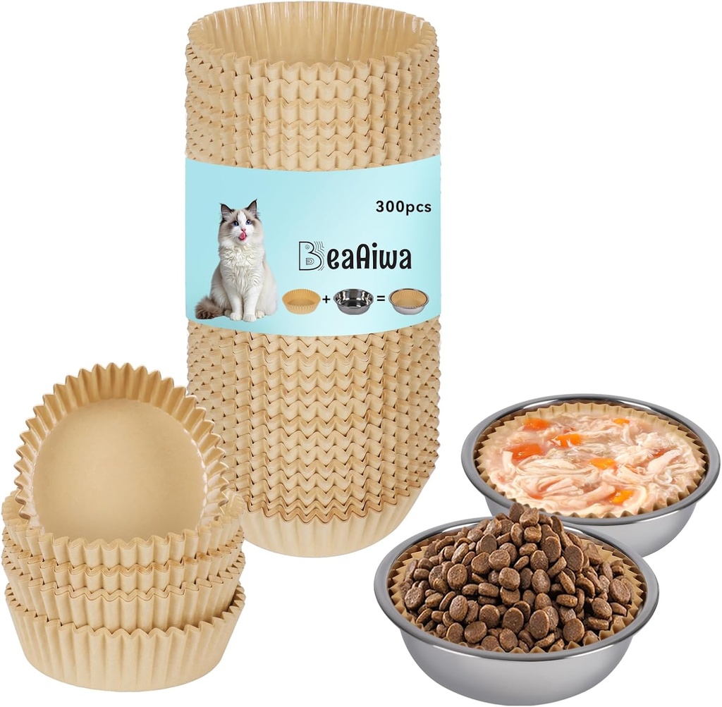 Bulk Disposable Cat Bowls Set (300 Pcs Cat Food Bowl liners + 2 Pcs Stainless Steel Pet Bowls) Disposable Pet Food Bowls for Puppy Kitten Small Dogs Cats Small Paper Bowls for Dry and Wet Food (khaki)
