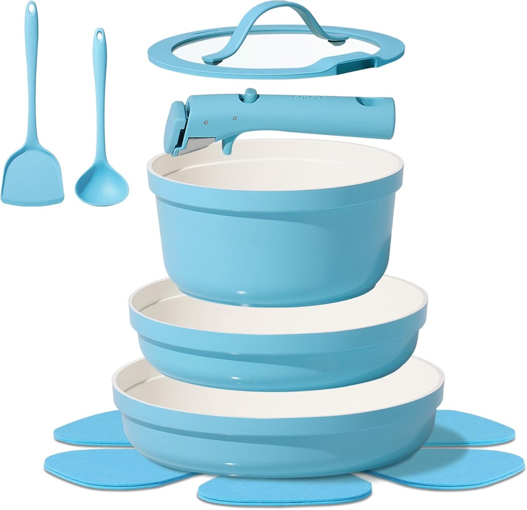 CAROTE 9pcs Pots and Pans Set,Ceramic Cookware Sets Non Stick with Detachable Handle, Induction Kitchen Pots and Pans,RV Cooking Set, Oven/Dishwasher/Fridge Safe, Space Saving