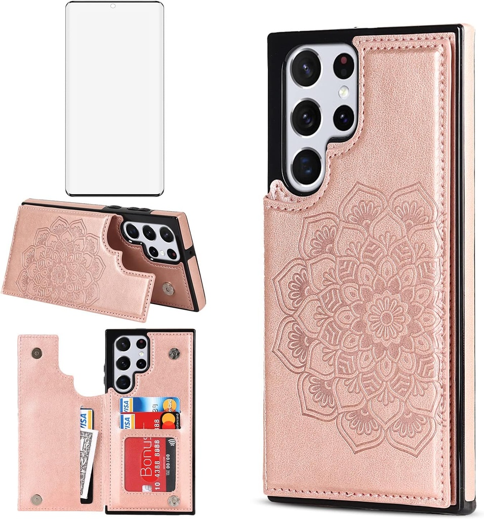 Asuwish Compatible with Samsung Galaxy S22 Ultra 5G Case and Tempered Glass Screen Protector Cell Accessories Card Holder Slot Kickstand Phone Covers for Gaxaly S22ultra 22S S 22 22ultra G5 Rose Gold