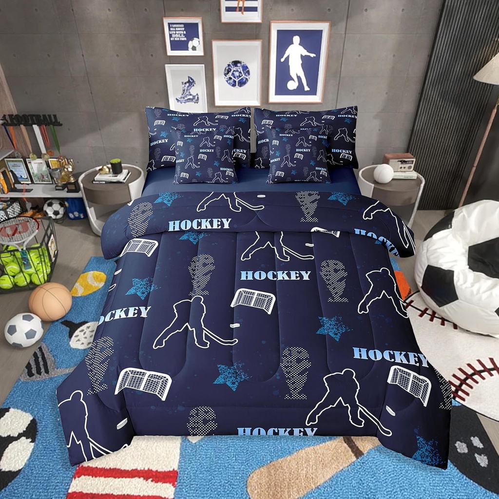 Erosebridal Hockey Queen Bedding Set 7 Piece for Boys Girls,Navy Blue Sports Comforter Set with Sheets for Kids Room Decor,Ice Hockey Puck Bed in a Bag Ball Games Bed Set with Pillow Cases & Covers