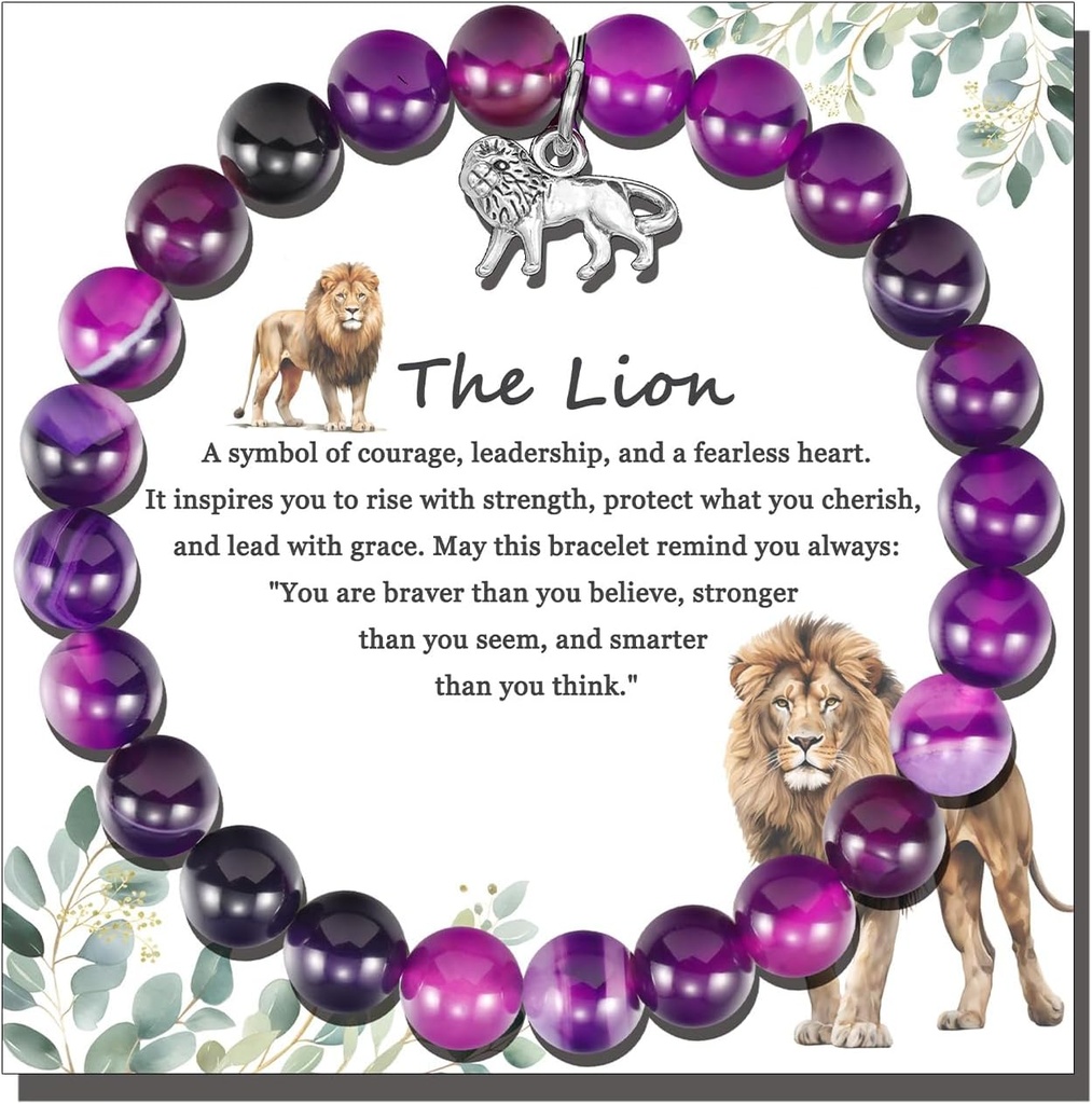 LIUANAN Lions Gifts Lion Charm Purple Agate Bracelet Animal Gifts for Wildlife Lovers