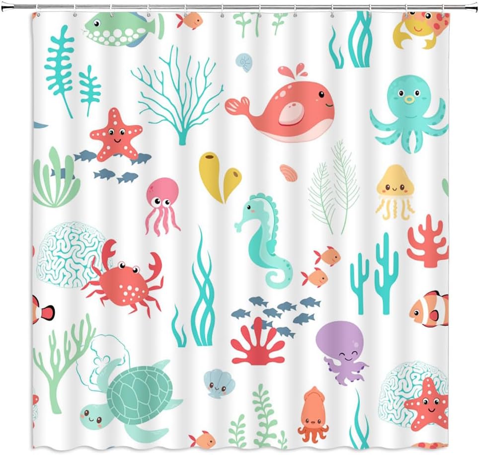 Cartoon Sea Animal Shower Curtain Nautical Ocean Underwater Coastal Beach Sea Marine Animal Dolphin Octopus Seaweed Boys Girls White Polyester Fabric Bathroom Curtain Sets Hooks 70 x 70 Inch