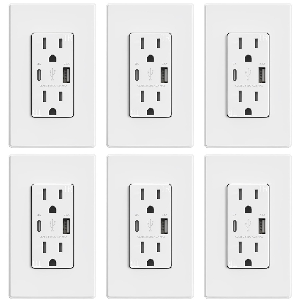 ELEGRP USB Outlets, 15 Amp Wall Outlet with USB Ports, 21W USB Outlets Receptacles with Type A & Type C Ports, Tamper Resistant Receptacle, Wall Plate Included, Ul Listed (6 Pack, Matte White)