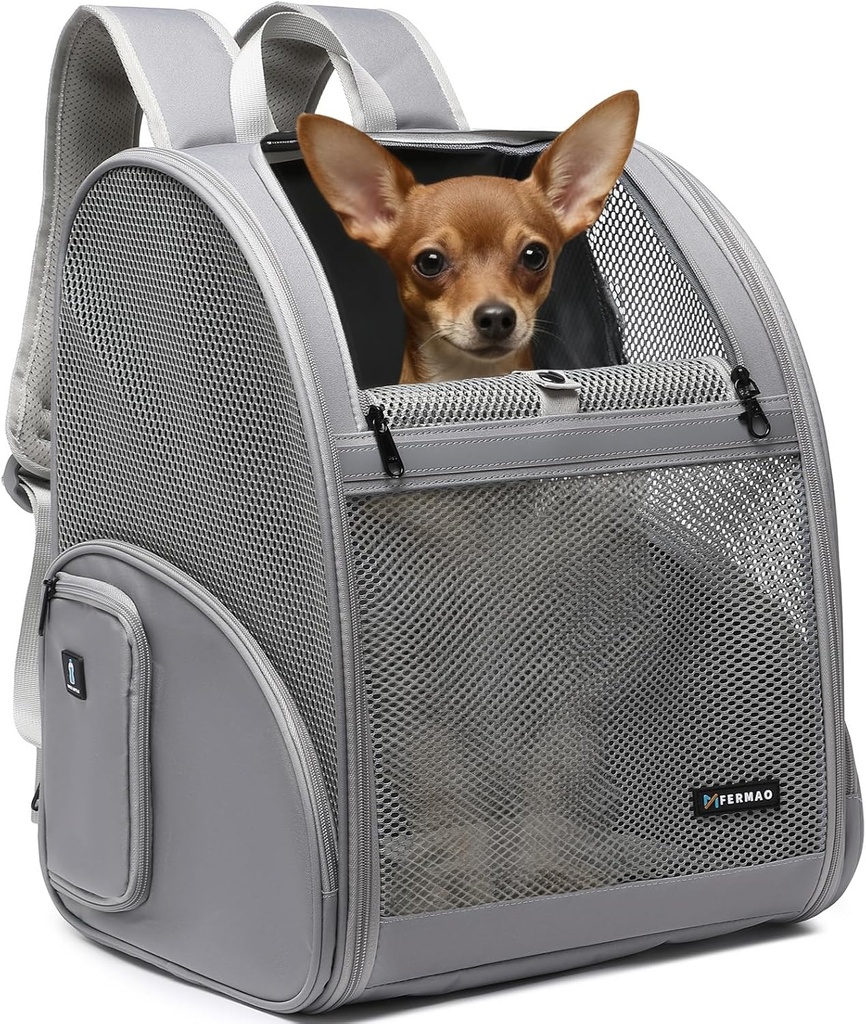 FERMAO Pet Backpack Carrier ，Large Cat Carrier Backpack Up to 20 Lbs with Breathable Mesh, for Medium Large Cats or Small Dogs, Travel Hiking Camping Backpack (Gray-XL)