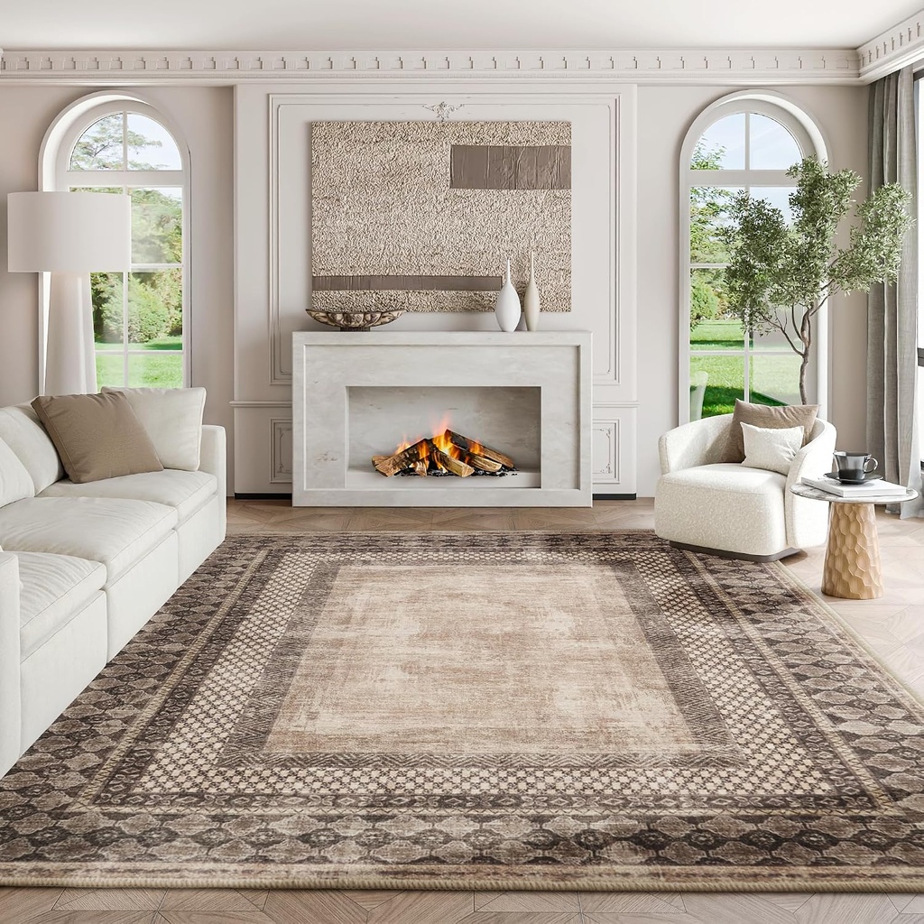 NICETOWN 8x10 Ultra-Thin Brown Oriental Rug for Bedroom, Tumble Washable Area Rugs 8x10, Boho Non-Slip Vintage Living Room Rugs, Oriental Carpet Entrance for Kitchen, Laundry, Bathroom, Bedroom