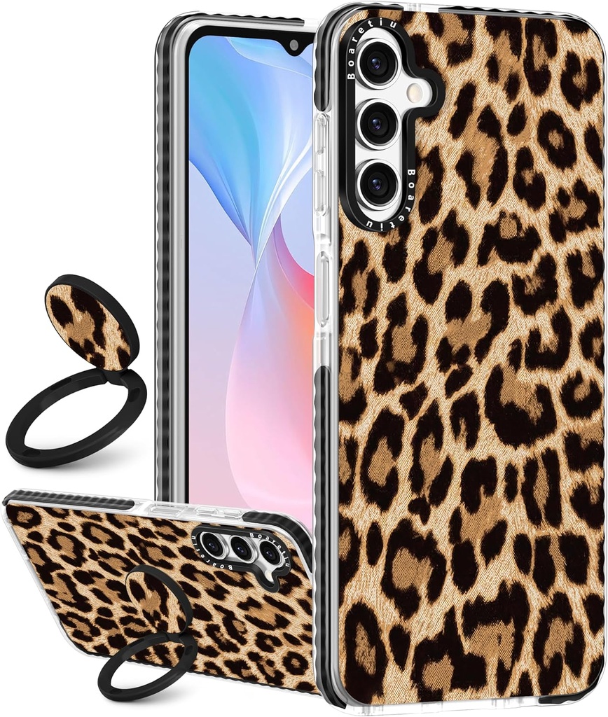 Boaretiu Cute Kawaii Case for Samsung Galaxy S24 Plus Case with Kickstand - Fashion 360° Sticky Rotate Ring Holder Design for Women Girls Girly for Galaxy S24 Plus, Leopard Print