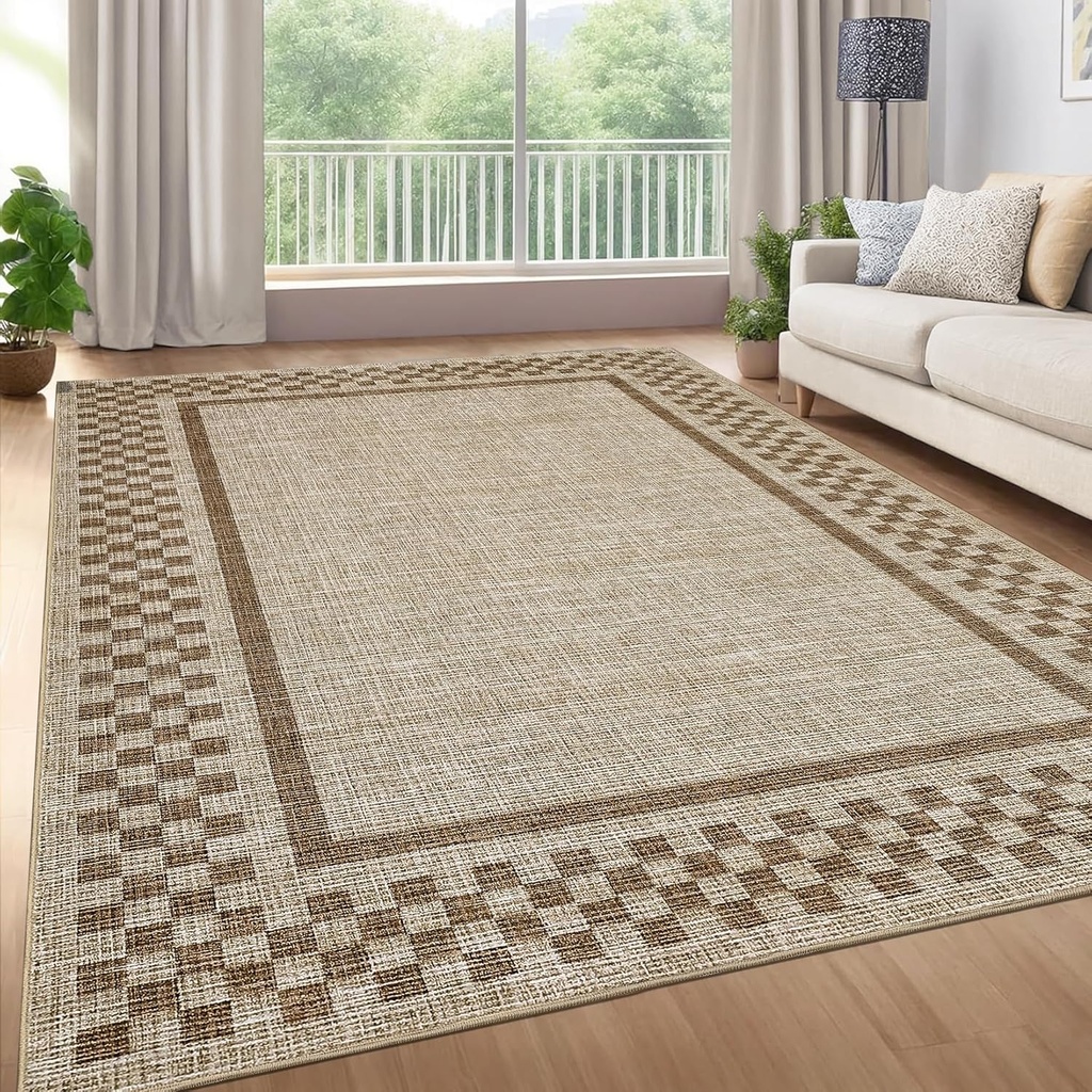 GarveeHome Modern Bordered 8x10 Area Rugs for Living Room Bedroom Soft Washable Large Bedroom Throw Carpet Non Slip Checkered Geometric Rugs for Dining Room Home Decor Office, Taupe