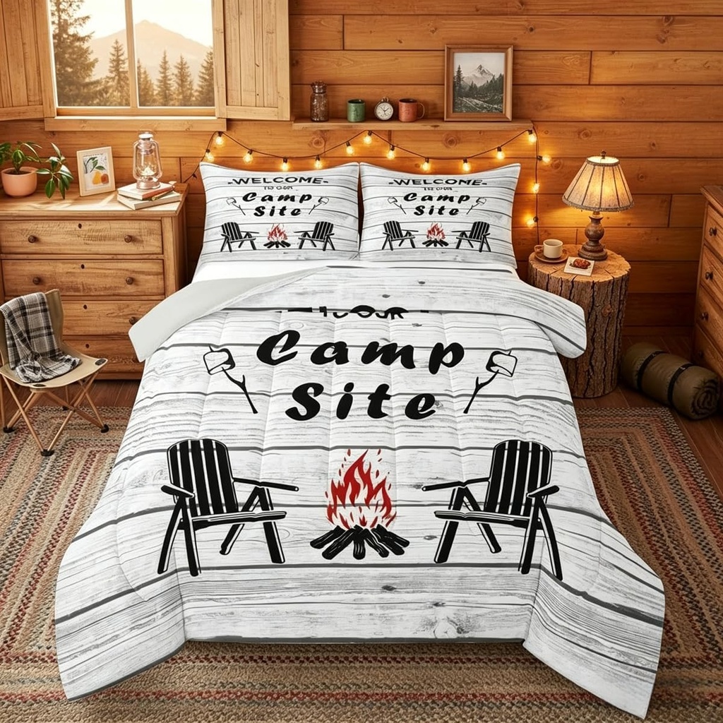 Happy Camping Bedding Set Queen For Kids, Camper Decor Comforter Set Lake House Bedding Comforter Sets Rustic Farmhouse Wooden Planks Duvet Insert For Boys Teens Adult Women Bedroom, Grey White