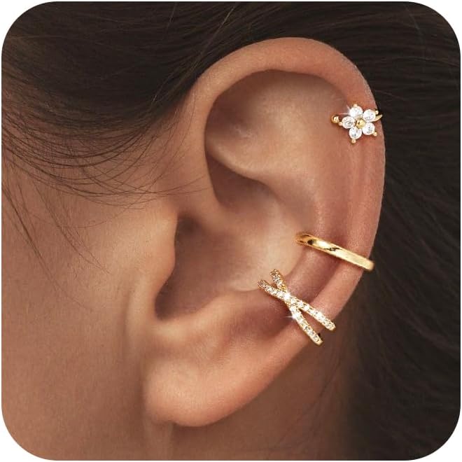 14K Gold Plated Ear Cuff Earrings for Women, Dainty Ear Cuffs Clip on Earrings Non Piercing Trendy Cubic Zirconia Cartilage Hoop Earring Fashion Jewelry Sets for Women