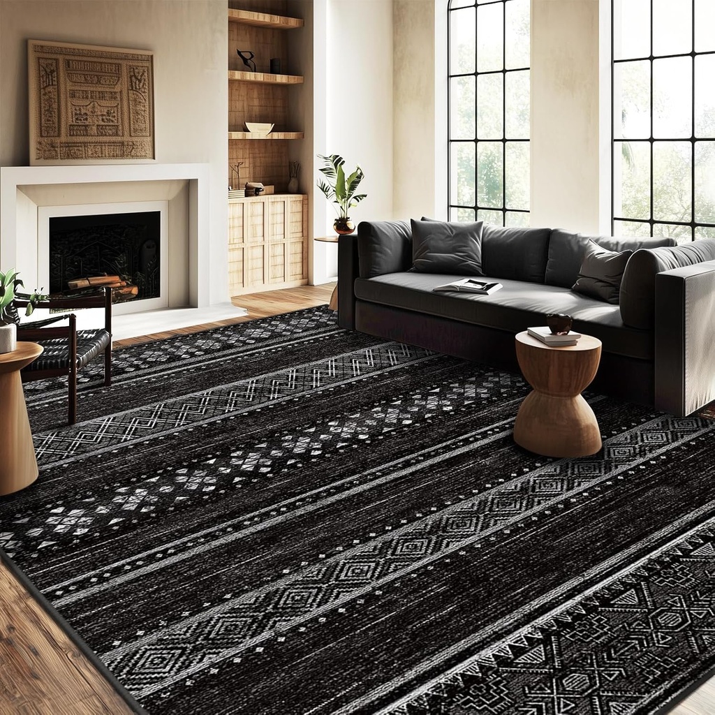BESTSWEETIE 8x10 Area Rugs for Living Room Washable Moroccan Farmhouse Neutral Geometric Low Pile Non-Slip Soft Print Pattern Rug for Bedroom Kitchen Dining Room Entryway Black/White