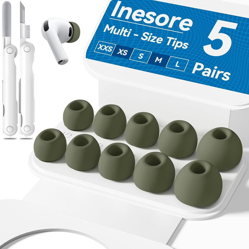 Inesore 5 Pairs Replacement Ear Tips for AirPods Pro 3 (2025) with Portable Storage Box & Cleaner Pen,Built-in dust Guard Screen Silicone Ear Tips 5 Sizes (XXS/XS/S/M/L)-G-Green