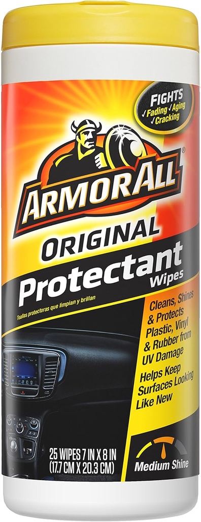 Armor All Original Protectant Wipes , Disposable Car Cleaning Wipes Renews and Revitalizes Automotive Interiors, 25 count