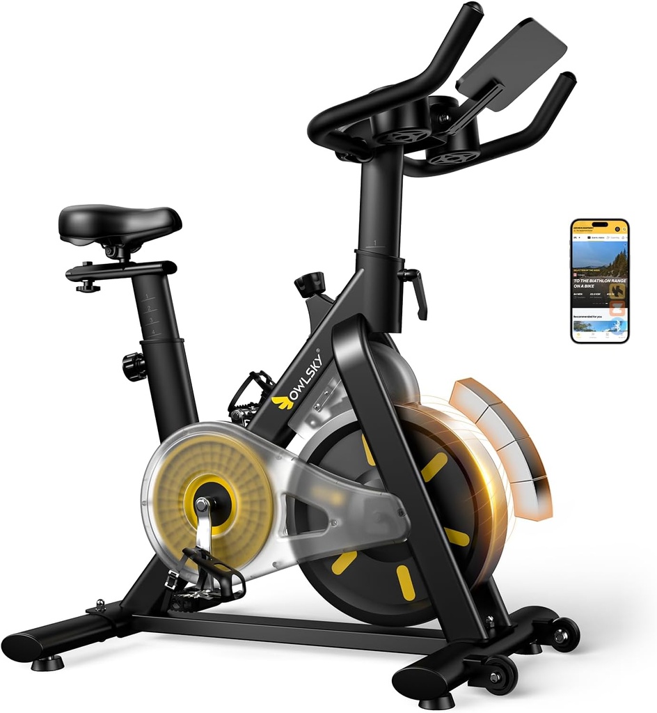 OWLSKY Exercise Bike with APP, Magnetic Resistance Bike, 300 lbs Capacity Quiet Stationary Bike for Home Gym, Adjustable Seat & Tablet Holder