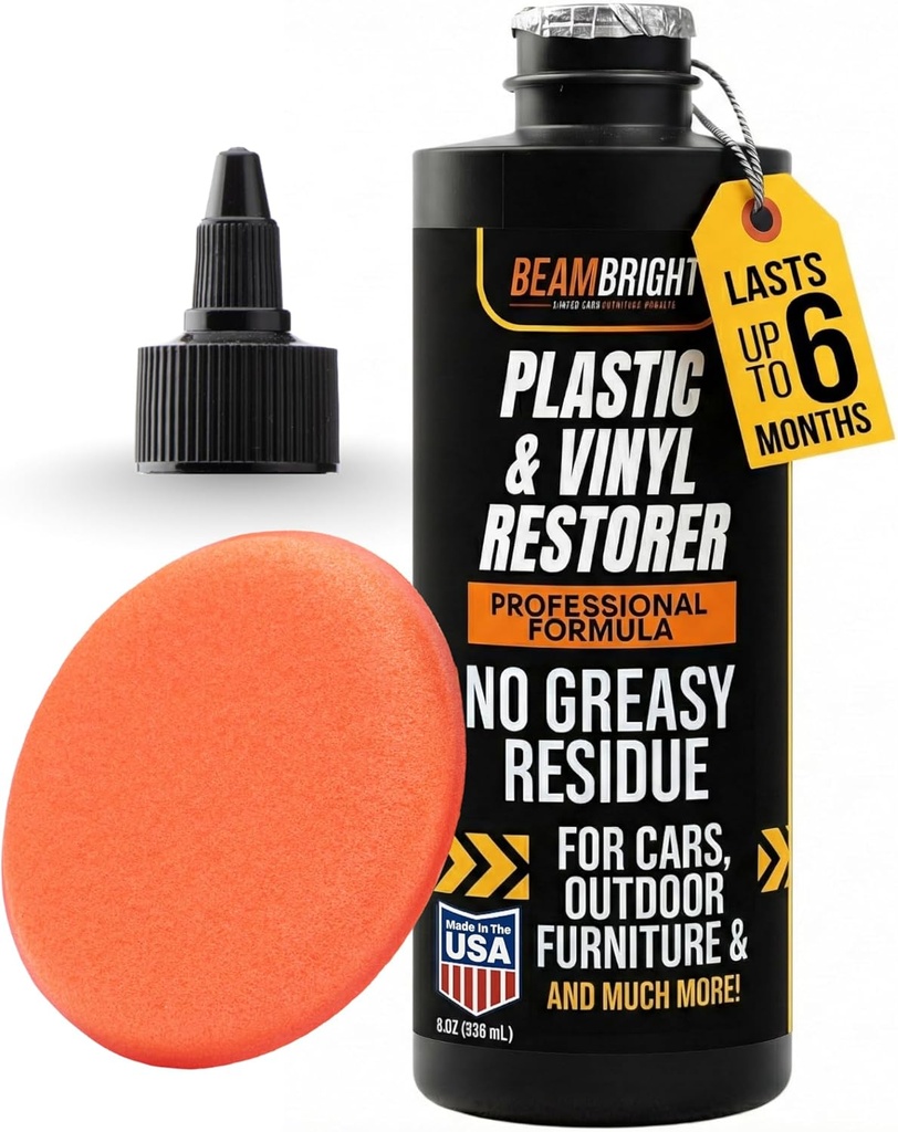 BEAM BRIGHT Plastic Trim Restorer – Dry, Non-Greasy Back-to-Black for Severely Faded Car Trim & Vinyl. Long-Lasting UV Protection for Exterior & Interior Plastic – 8 oz
