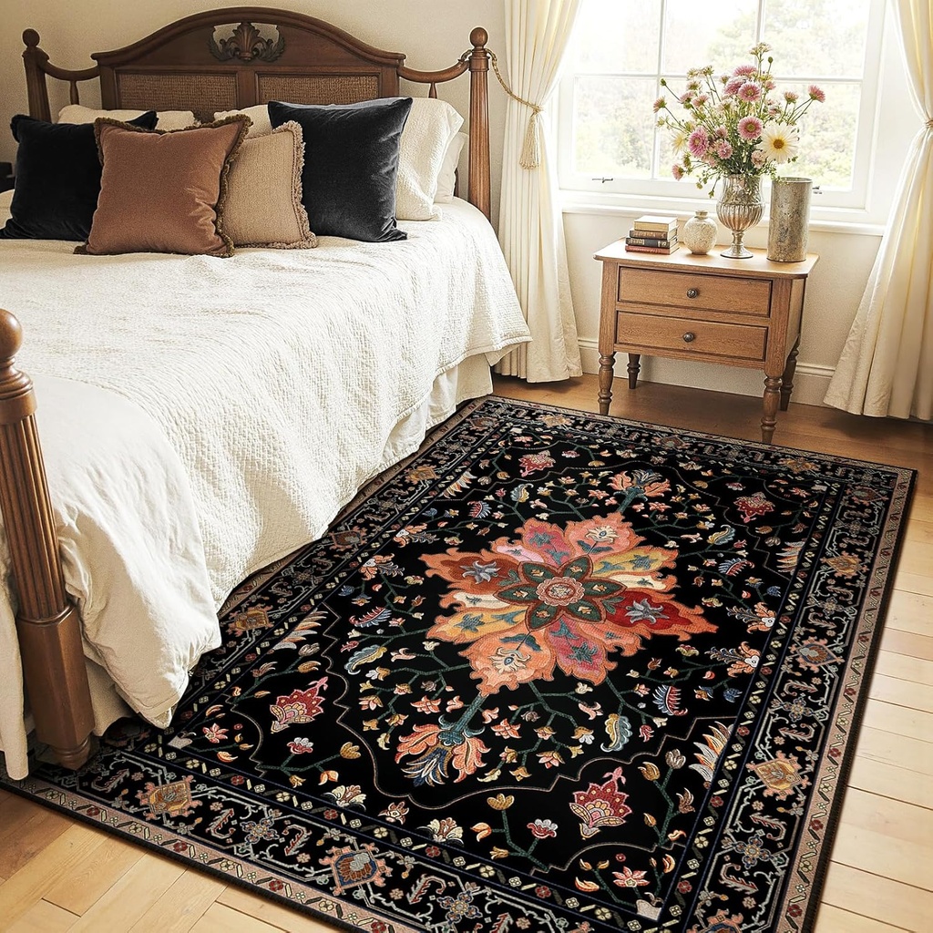 Area Rugs 5'x7' Washable Non-Slip, Floral Vintage Distress Print Pattern Medallion Carpet for Living Room Bedroom Dining Room, Black Colorful Floral Dark Tan