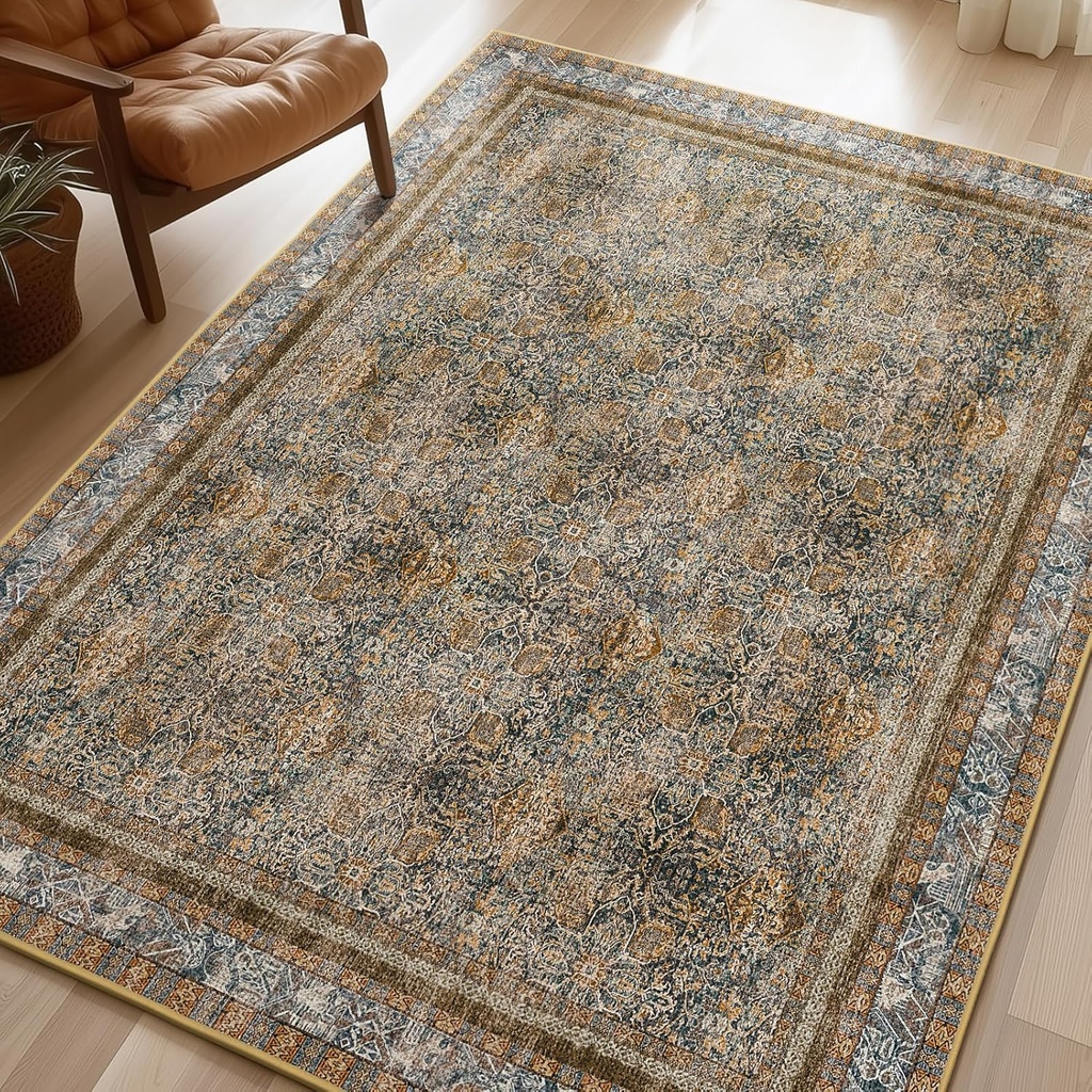 Phantoscope Washable Area Rug 6'x9' Non-Slip, Vintage Neutral Rugs for Living Room, Bedroom, Dining Room, Distressed Boho Floral Medallion Pattern, Low-Pile Foldable Carpet, Brown/Charcoal Spice