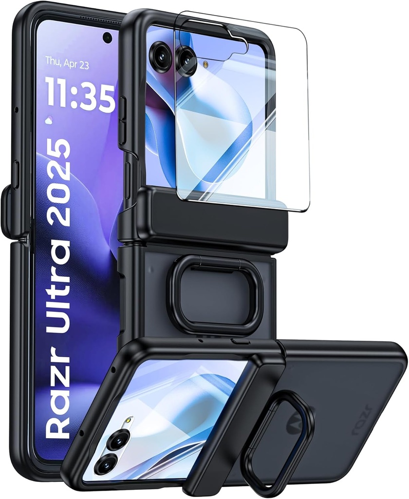 for Motorola Razr Ultra 2026 Case/Razr Ultra 2025 Case with Ring Holder,Hinge Protection, Screen Protector, Translucent Frosted Shockproof Slim Cover for Razr Ultra 2026/2025 -Black